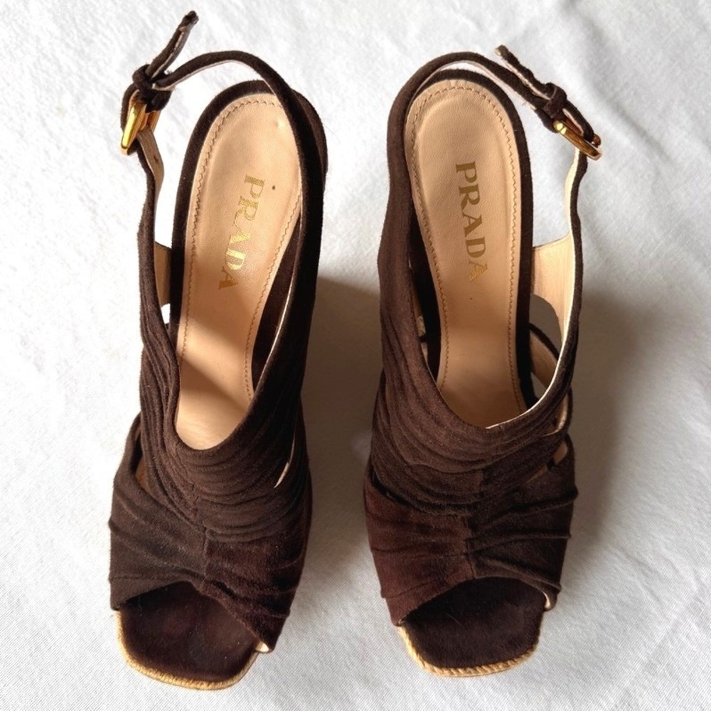 Prada Brown Suede Espadrille Wedge Sandals Slingback Ruched Italian Size 38.5 - Picture 2 of 9